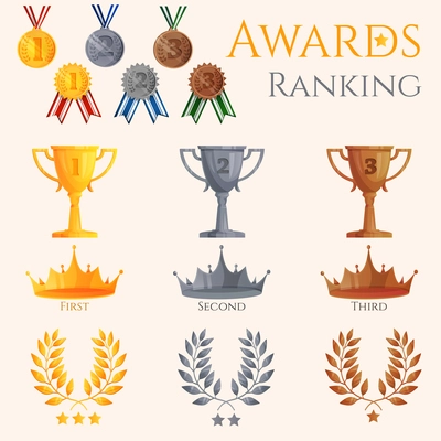 Ranking icons set of different size awards crowns and medals isolated vector illustration