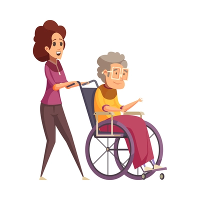 Help elderly people composition with cartoon style human characters of young assist senior vector illustration