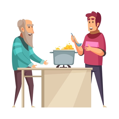 Help elderly people composition with cartoon style human characters of young assist senior vector illustration