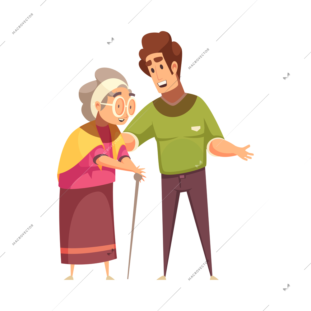 Help elderly people composition with cartoon style human characters of young assist senior vector illustration