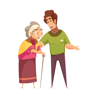 Help elderly people composition with cartoon style human characters of young assist senior vector illustration