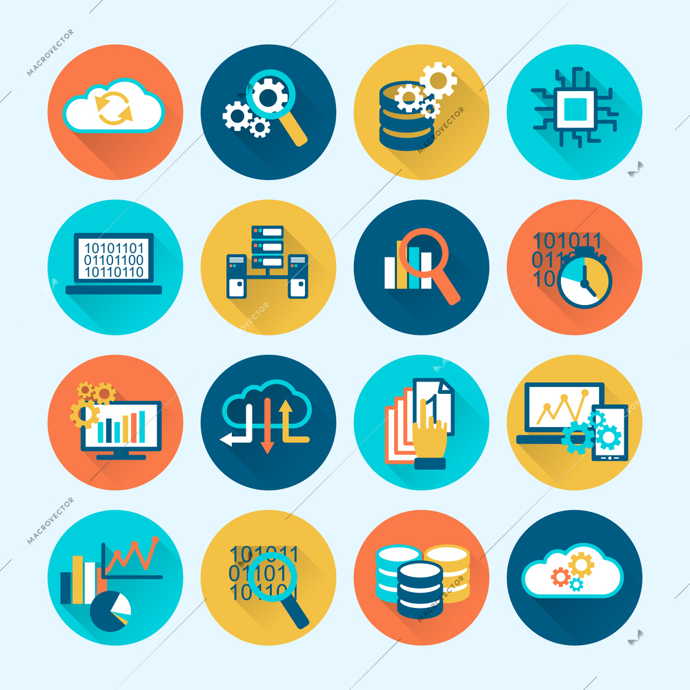 Database analytics digital network computing process icons flat set isolated vector illustration