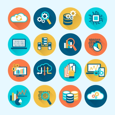 Database analytics digital network computing process icons flat set isolated vector illustration