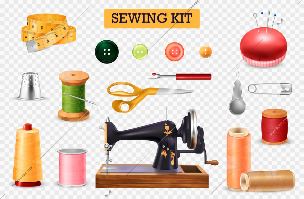 Sewing machine transparent set with needles and thread realistic isolated vector illustration