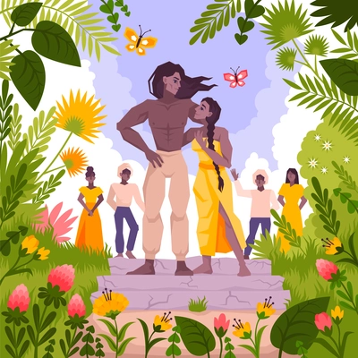 Mowgli coloring flat concept with the hero returns to the people in the village vector illustration