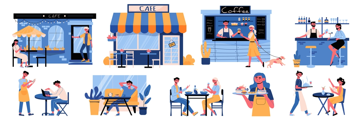 Visitors are resting in cafe and a girl with a dog buys coffee set flat vector illustration