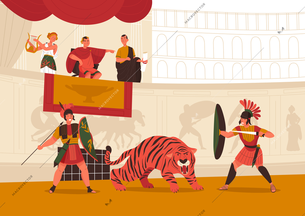 Ancient roman emperor watching fight between two gladiators and tiger on arena flat vector illustration