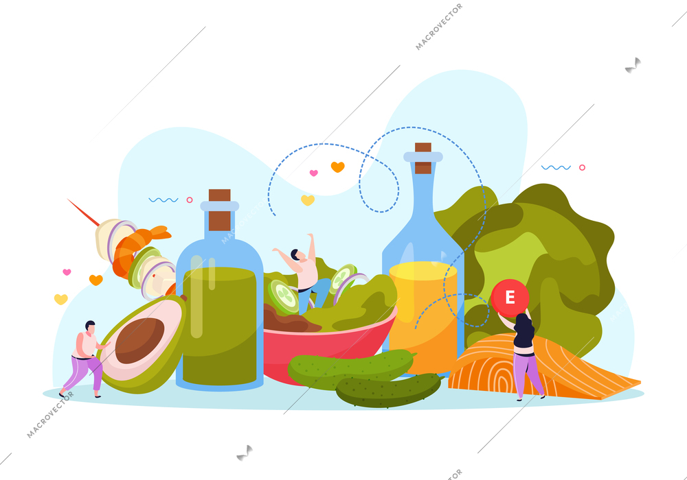 Food oils flat background with composition of human characters and vitamin food with bottles of oil vector illustration