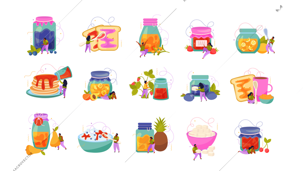 Jam production flat recolor set of isolated icons with small human characters dishes and glass packages vector illustration