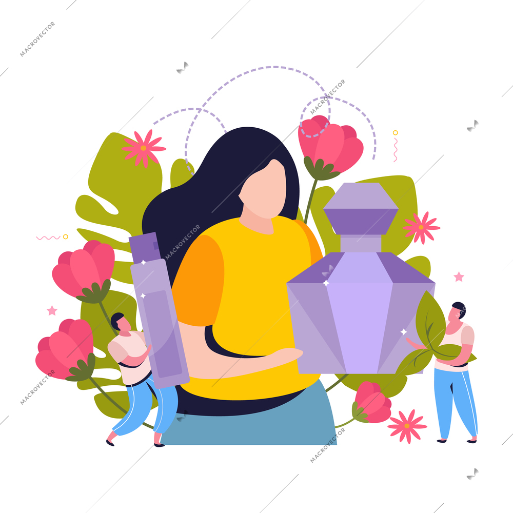 Perfume flat background with composition of faceless human characters with flowers and glossy jars of perfumery vector illustration