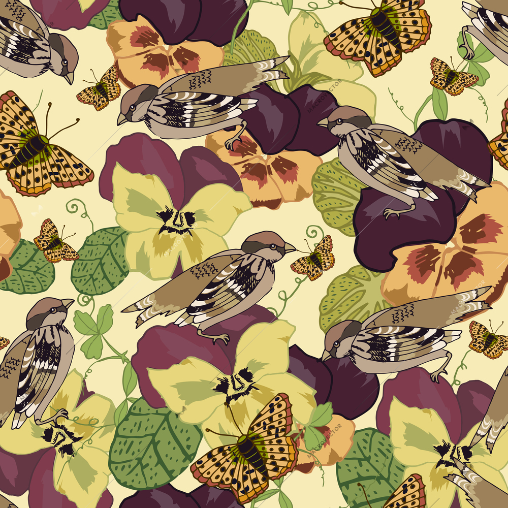 Vintage flowers seamless pattern with pansy petunia viola butterflies and sparrow birds vector illustration