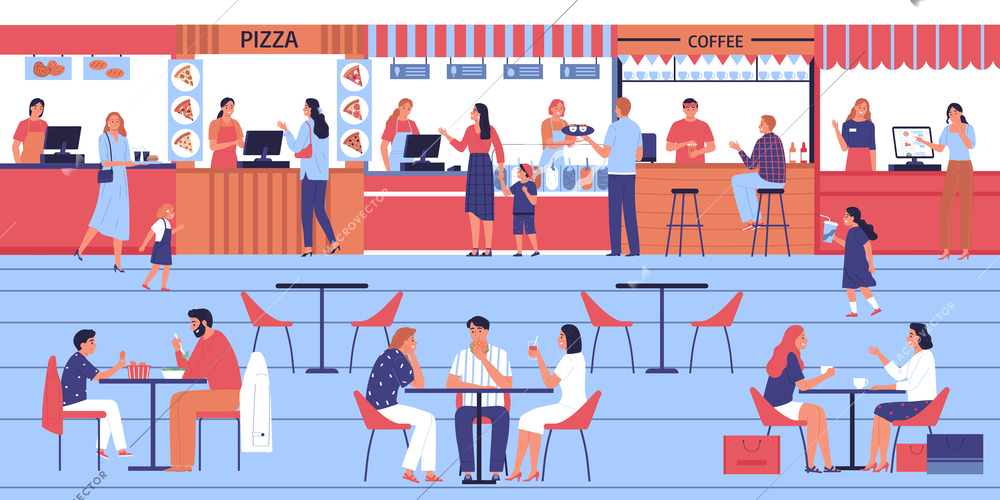 Canteen composition with view of eating people sitting at food court tables with counters and workers vector illustration