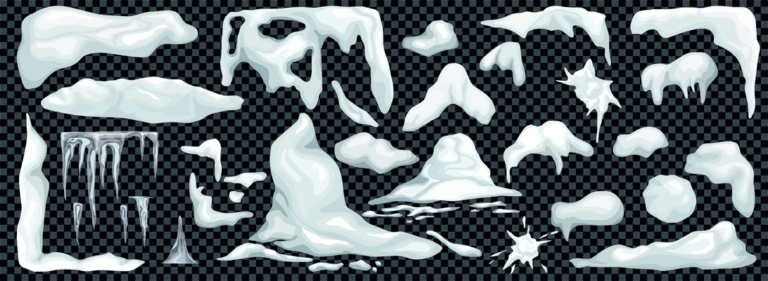 Snowdrift set against dark transparent background as elements for computer game decoration cartoon vector illustration