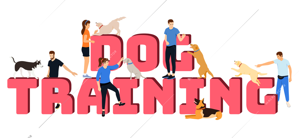 Dog training flat composition with text and images of jumping dogs with human characters of owners vector illustration