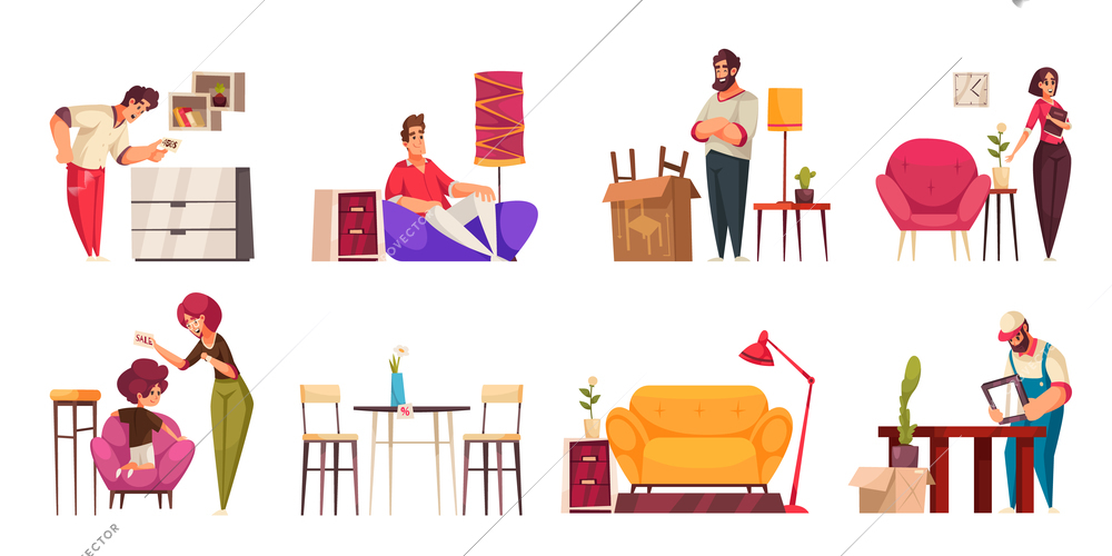 Furniture store 8 cartoon compositions with customers choosing buying interior items delivery worker assembles table vector illustration