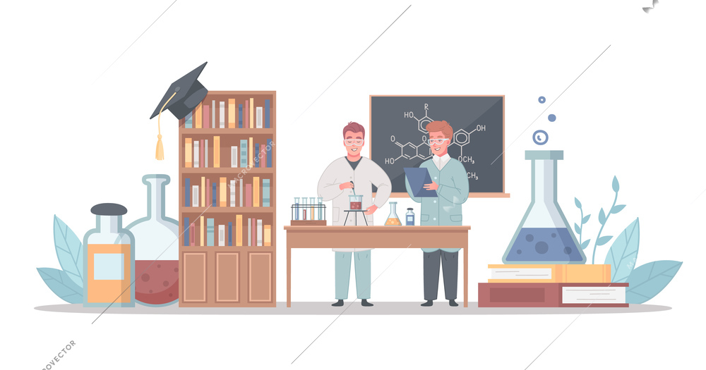 College university laboratory practical classes courses in biochemistry cartoon composition with performing chemical experiment students vector illustration