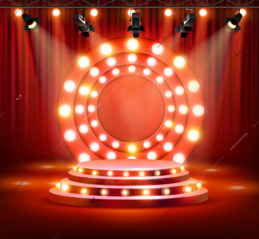 Realistic glowing empty retro round concert stage podium with lamps spotlights and red curtains on background vector illustration