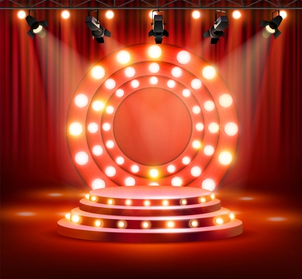 Realistic glowing empty retro round concert stage podium with lamps spotlights and red curtains on background vector illustration