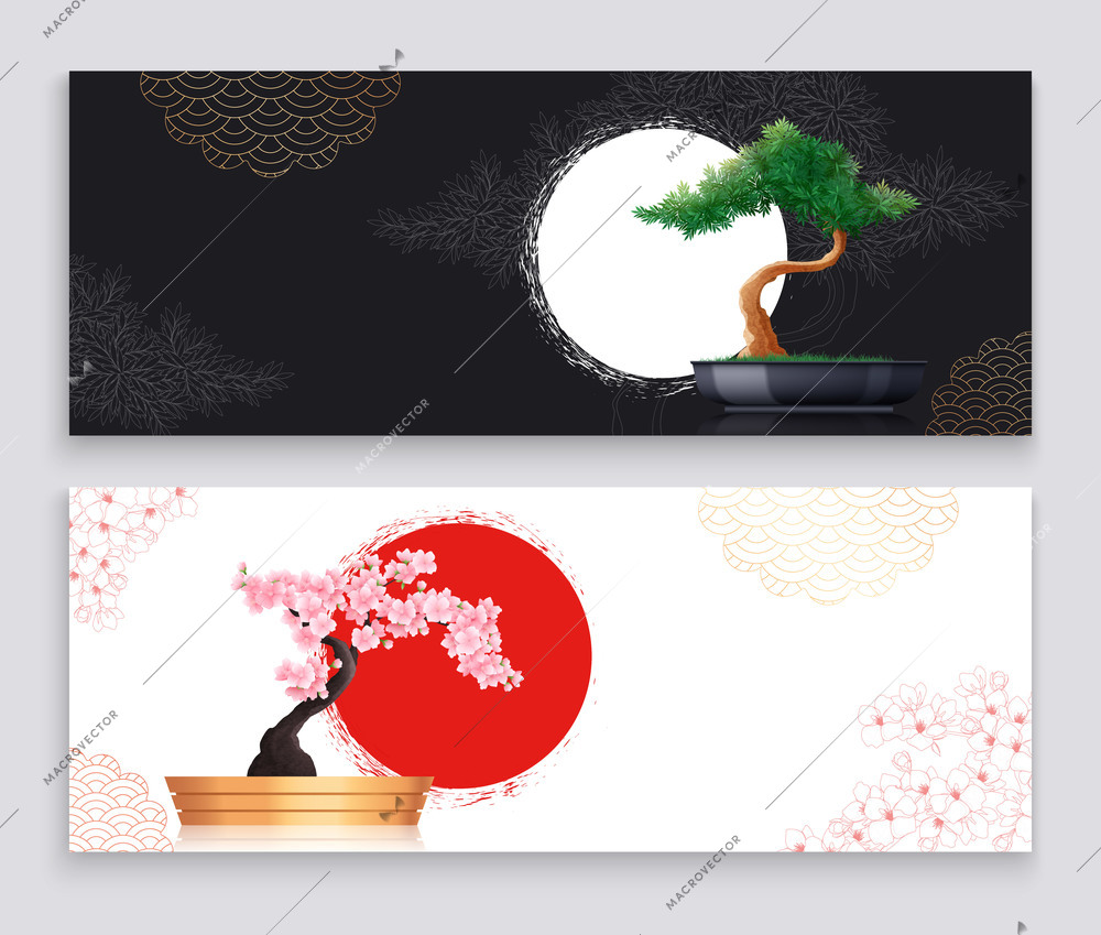 Two flat horizontal banners in japanese style with green and sakura bonsai trees isolated on grey background vector illustration