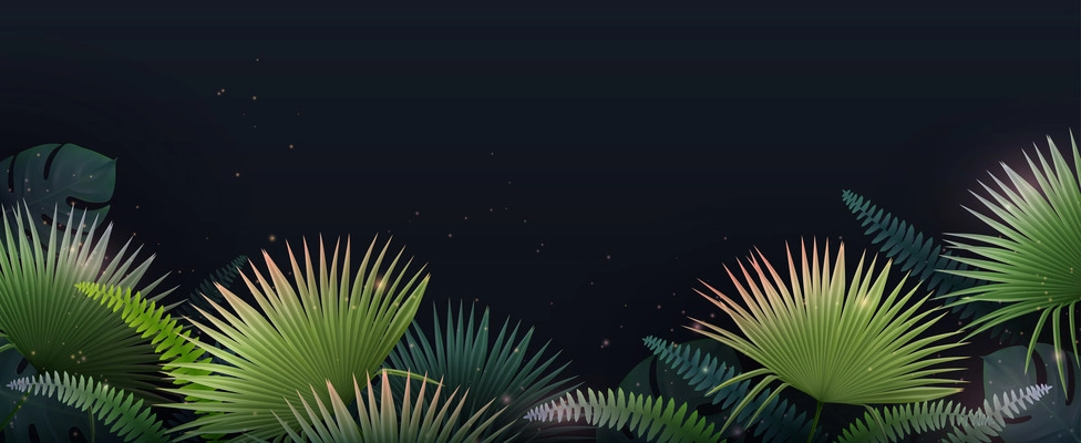 Realistic tropical leaves thicket with dark night sky shining stars and lights on background vector illustration