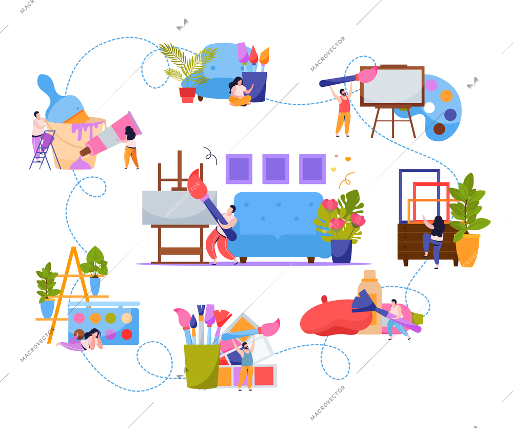 International artists day flat design concept with little cartoon painter characters at work vector illustration
