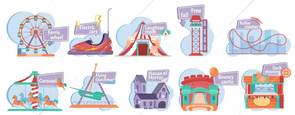 Set of isolated entertainment compositions with flat images of amusement park facilities and editable text tags vector illustration