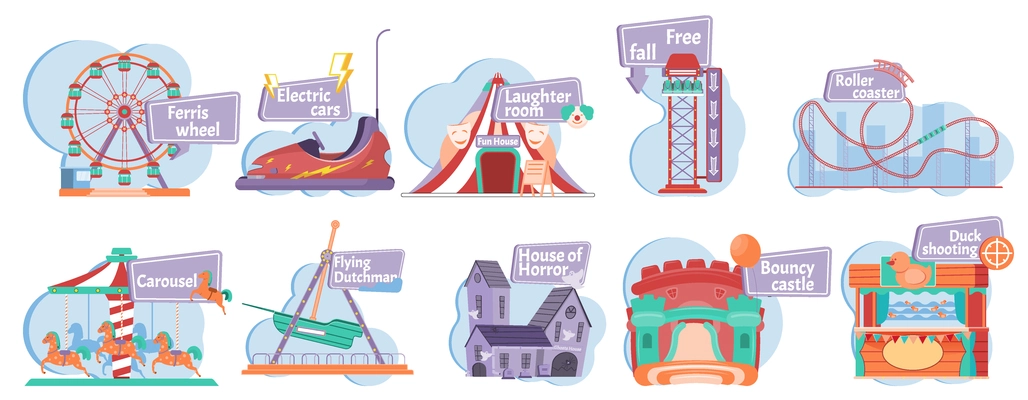 Set of isolated entertainment compositions with flat images of amusement park facilities and editable text tags vector illustration