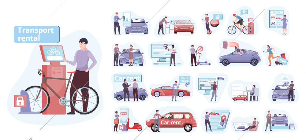 Set of flat isolated transport sharing compositions with human characters renting cars bicycles with gadget apps vector illustration