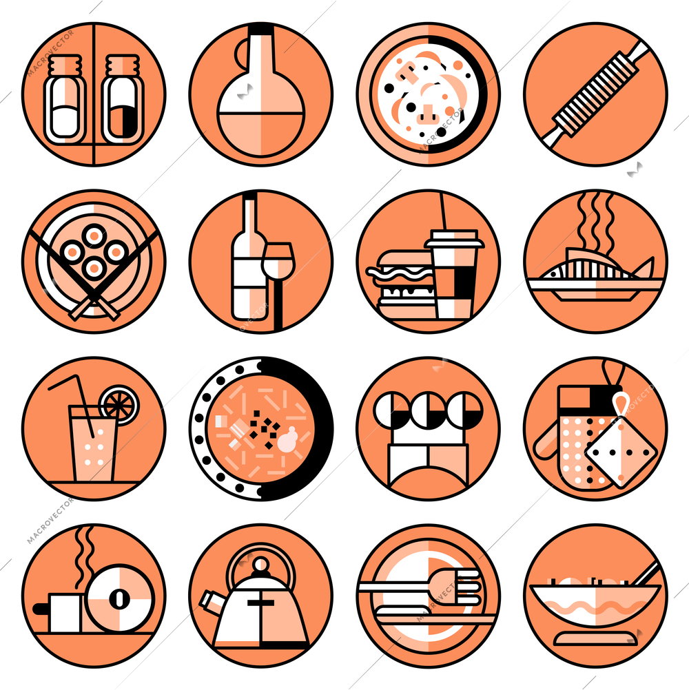 Food kitchen and cooking line icons set with pizza sushi salad isolated vector illustration