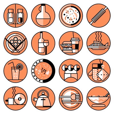 Food kitchen and cooking line icons set with pizza sushi salad isolated vector illustration