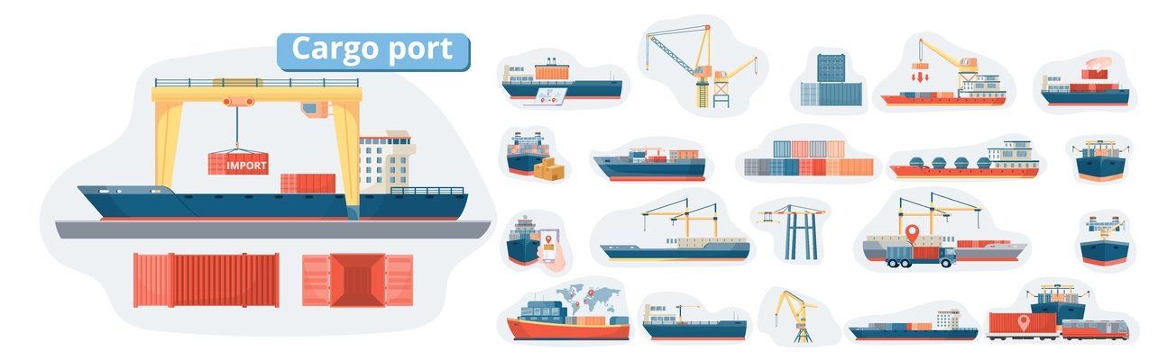 Delivery sea composition with set of flat isolated images with loader cranes containers and cargo ships vector illustration