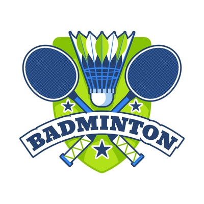 Badminton logo design in green and blue colors with two crossed rackets shuttlecock and stars flat vector illustration