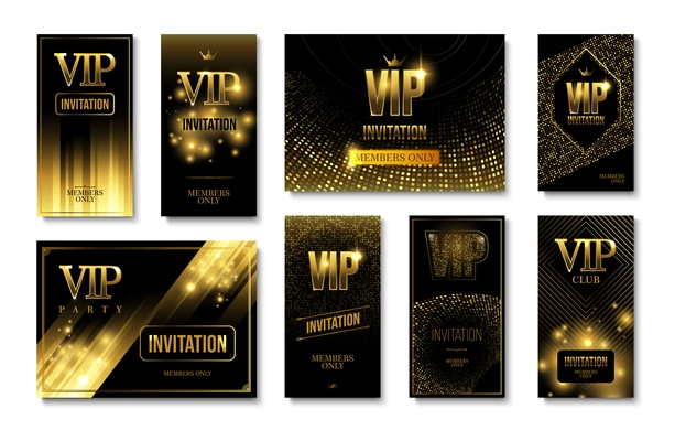 Realistic set with black and golden club party invitation design only for vip members isolated vector illustration