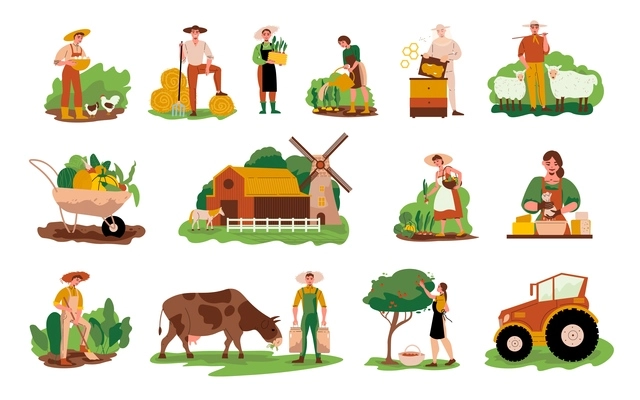 Farm color set with agriculture and dairy symbols isolated vector illustration