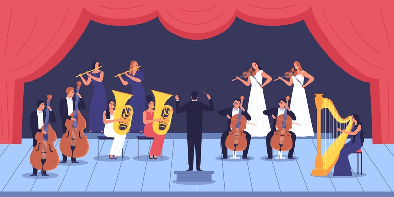 Musician orchestra composition with view of theatre stage with curtains and human characters of performing musicians vector illustration