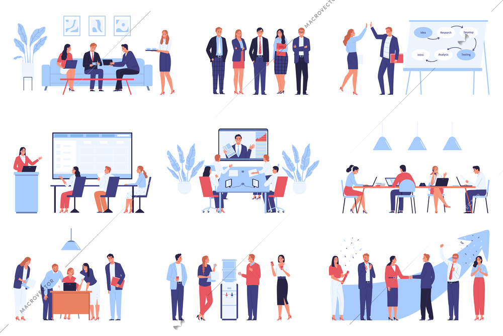 Business teamwork training multitasking leadership set of isolated icons with collaborating office workers in various situations vector illustration