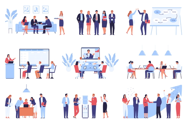 Business teamwork training multitasking leadership set of isolated icons with collaborating office workers in various situations vector illustration