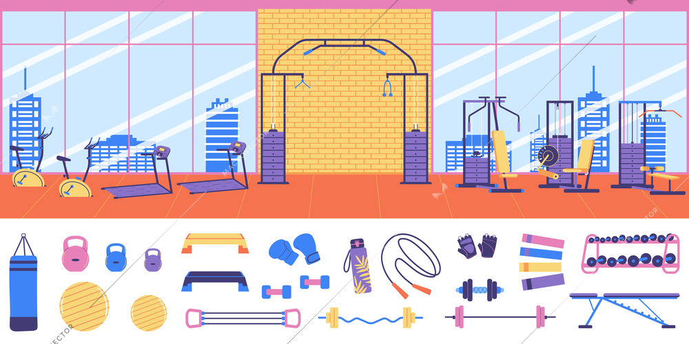 Fitness color flat background with gym equipment and tools for sport exercises isolated icons vector illustration