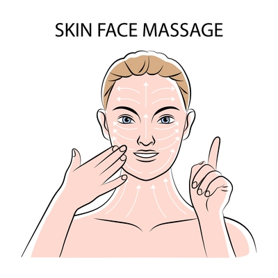 Woman face and neck massage instruction with lines and arrows flat vector illustration