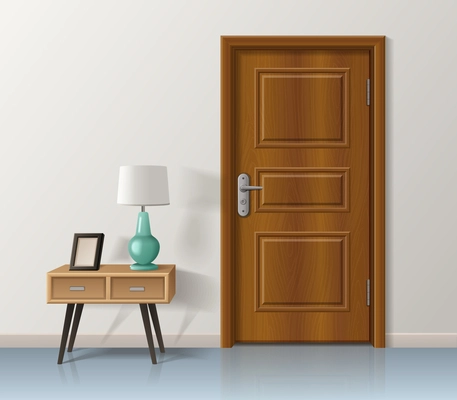 Door realistic composition with indoor room scenery and front view of wooden door with bedside table vector illustration