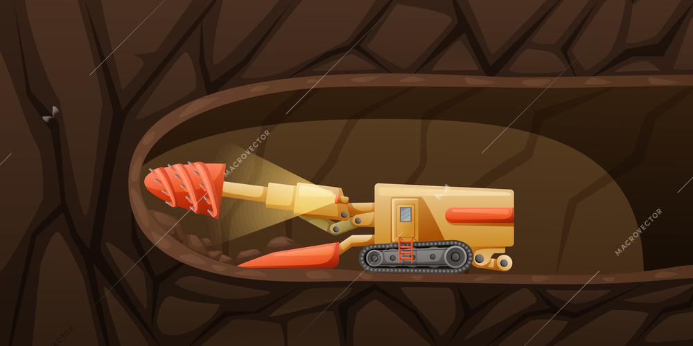 Mining miner cartoon composition with profile view of underground with boring machine making tunnel through ground vector illustration
