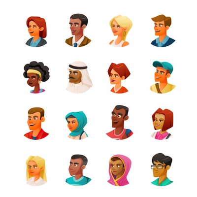 Cartoon characters diversity set of sixteen isolated human heads of various skin colour race and religion vector illustration