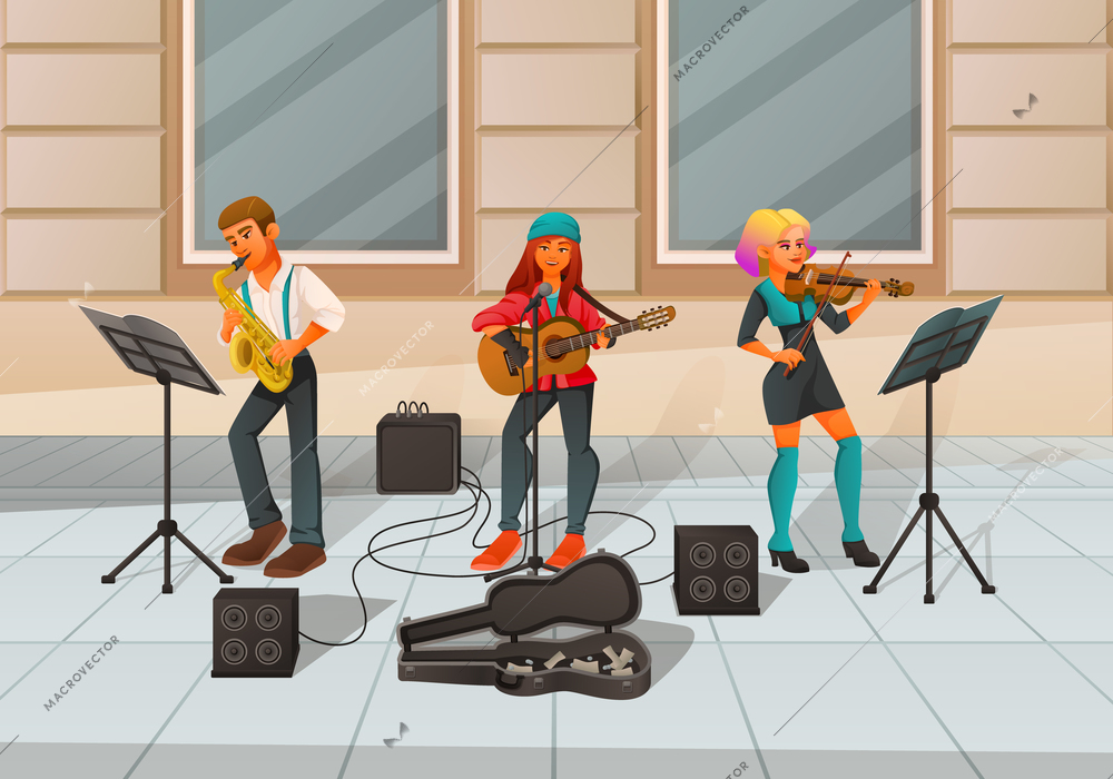 Street performer artist musician dancer cartoon composition with street pavement scenery and musicians playing music instruments vector illustration