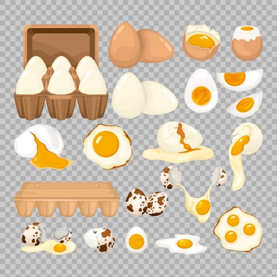 Eggs set with isolated images of broken eggs with cut slices and package on transparent background vector illustration