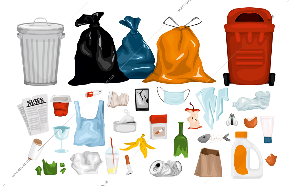 Trash garbage set with isolated icons of rubbish items with paper plastic glass and organic waste vector illustration