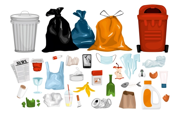 Trash garbage set with isolated icons of rubbish items with paper plastic glass and organic waste vector illustration