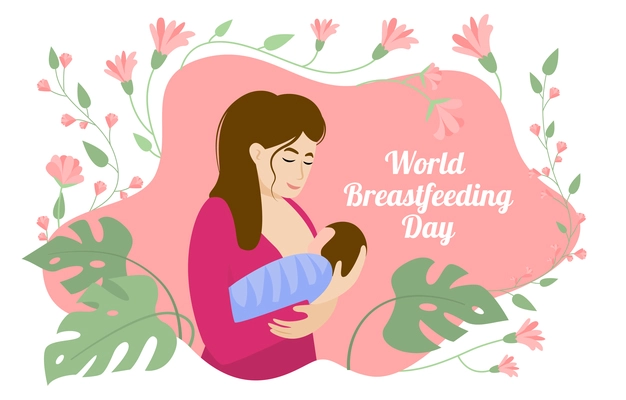 Baby breast feeding flat composition with images of leaves and flowers with ornate text and people vector illustration