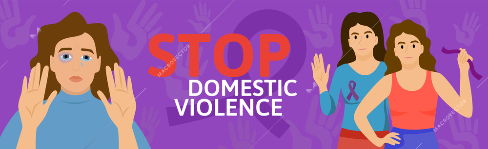 Domestic violence horizontal composition with flat characters of battered women editable text and slihouette ribbon sign vector illustration