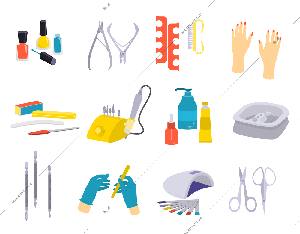 Set of isolated manicure flat icons with hands in gloves makeup instruments scissors and fingernail files vector illustration