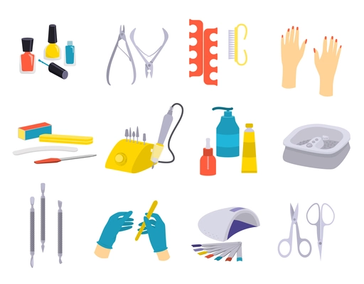 Set of isolated manicure flat icons with hands in gloves makeup instruments scissors and fingernail files vector illustration